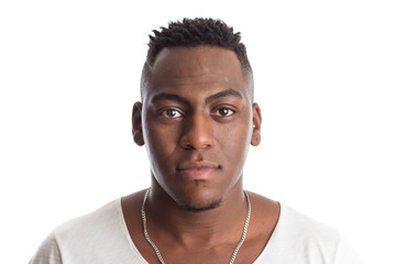 african american man looking confident at camera. Standing against white background.
