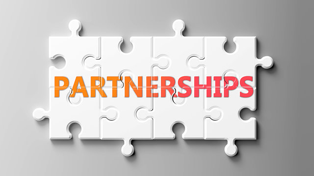 Partnerships complex like a puzzle - pictured as word Partnerships on a puzzle pieces to show that Partnerships can be difficult and needs cooperating pieces that fit together, 3d illustration