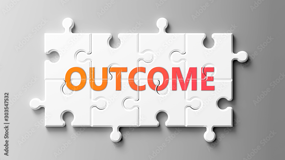 Aufkleber outcome complex like a puzzle - pictured as word outcome on a puzzle pieces to show that outcome can