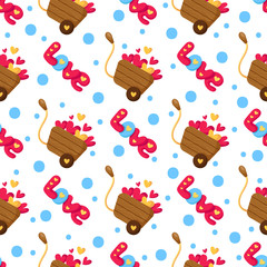 Valentine Day seamless pattern - cartoon little hearts, lettering word love, polka dot background, cute wooden cart or wheelbarrow, holiday romantic mood, vector texture for wrapping, textile