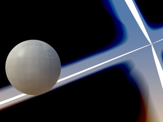 White spectacular sphere floating with blue framed white cross over dark background.3d render