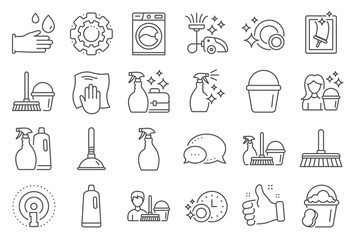 Cleaning line icons. Laundry, Window sponge and Vacuum cleaner icons. Washing machine, Housekeeping service and Maid cleaner equipment. Window cleaning, Wipe off, laundry washing machine. Vector