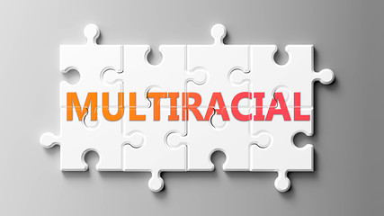 Multiracial complex like a puzzle - pictured as word Multiracial on a puzzle pieces to show that Multiracial can be difficult and needs cooperating pieces that fit together, 3d illustration