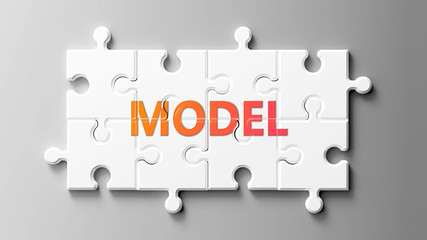 Model complex like a puzzle - pictured as word Model on a puzzle pieces to show that Model can be difficult and needs cooperating pieces that fit together, 3d illustration