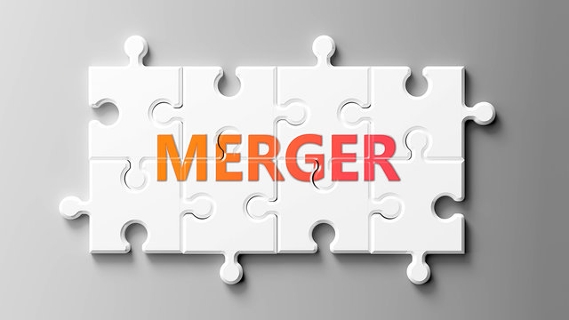 Merger complex like a puzzle - pictured as word Merger on a puzzle pieces to show that Merger can be difficult and needs cooperating pieces that fit together, 3d illustration