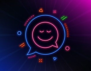 Comic speech bubble with Smile line icon. Neon laser lights. Chat emotion sign. Glow laser speech bubble. Neon lights chat bubble. Banner badge with smile icon. Vector