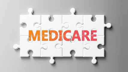 Medicare complex like a puzzle - pictured as word Medicare on a puzzle pieces to show that Medicare can be difficult and needs cooperating pieces that fit together, 3d illustration - obrazy, fototapety, plakaty