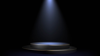 Empty scene with spotlights in a dark room, a black pedestal with backlight