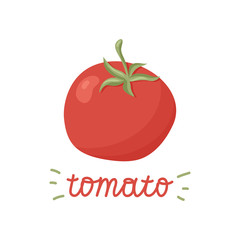 Color red tomato icon. Hand drawn cartoon illustration of fresh vegetable. Symbol of healthy food in flat style with lettering. Isolated vector sign on white background. Cute poster