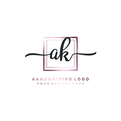 AK Initial handwriting logo design with brush box lines dark pink color gradation. handwritten logo for fashion, team, wedding, luxury logo.