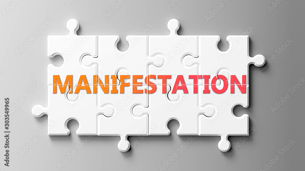 Poster manifestation complex like a puzzle - pictured as word manifestation on a puzzle pieces to show that