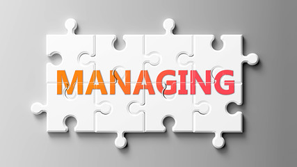Managing complex like a puzzle - pictured as word Managing on a puzzle pieces to show that Managing can be difficult and needs cooperating pieces that fit together, 3d illustration