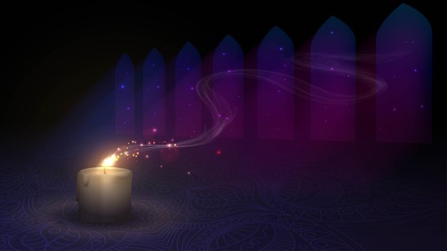 Burning candle in a dark room with windows. Illustration for indian or muslim holidays