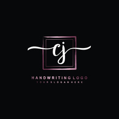 CJ Initial handwriting logo design with brush box lines dark pink color gradation. handwritten logo for fashion, team, wedding, luxury logo.