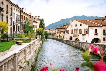 Panoramic view of the river Meschio and town of Serravalle, part of Vittorio Veneto in Italy