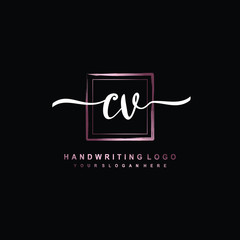 CV Initial handwriting logo design with brush box lines dark pink color gradation. handwritten logo for fashion, team, wedding, luxury logo.