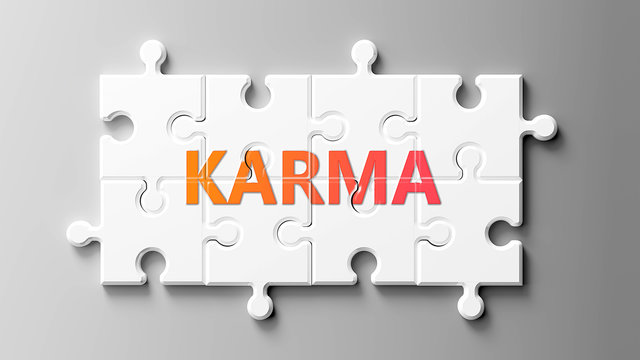 Karma complex like a puzzle - pictured as word Karma on a puzzle pieces to show that Karma can be difficult and needs cooperating pieces that fit together, 3d illustration
