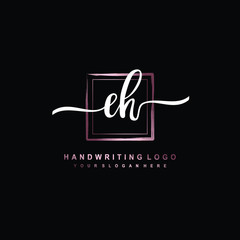 EH Initial handwriting logo design with brush box lines dark pink color gradation. handwritten logo for fashion, team, wedding, luxury logo.