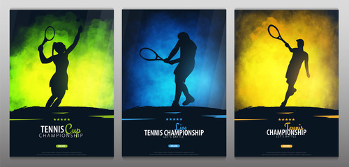 Custom blinds sports with your photo Set of Tennis Championship banners or posters, design with players and racquet. Vector illustration.