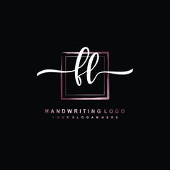 FL Initial handwriting logo design with brush box lines dark pink color gradation. handwritten logo for fashion, team, wedding, luxury logo.