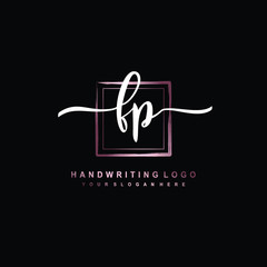 FP Initial handwriting logo design with brush box lines dark pink color gradation. handwritten logo for fashion, team, wedding, luxury logo.