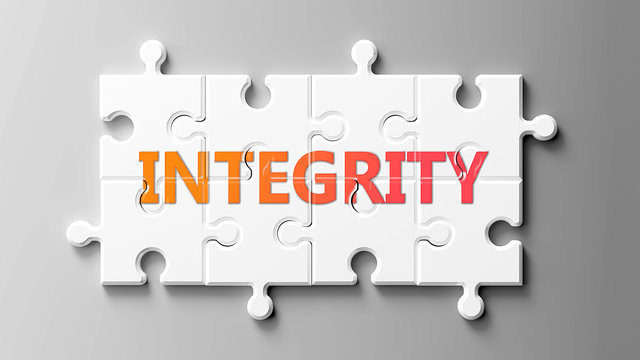 Integrity complex like a puzzle - pictured as word Integrity on a puzzle pieces to show that Integrity can be difficult and needs cooperating pieces that fit together, 3d illustration