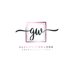 GW Initial handwriting logo design with brush box lines dark pink color gradation. handwritten logo for fashion, team, wedding, luxury logo.