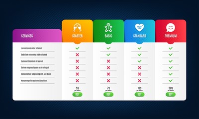 Gingerbread man, Miss you and Champagne glasses icons simple set. Price list, pricing table. Smile chat sign. Christmas cookie, Love heart, Chin-chin. Happy face. Holidays set. Vector