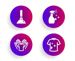 Plunger, Hold t-shirt and Washing cleanser icons simple set. Halftone dots button. Clean t-shirt sign. Clogged pipes cleaner, Laundry shirt, Housekeeping spray. Cleaning set. Vector