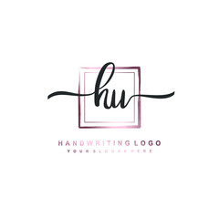 HU Initial handwriting logo design with brush box lines dark pink color gradation. handwritten logo for fashion, team, wedding, luxury logo.