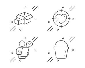 Heart target, Customer survey and Packing boxes line icons set. Bucket sign. Love aim, Contract, Delivery package. Washing equipment. Line heart target outline icon. Vector