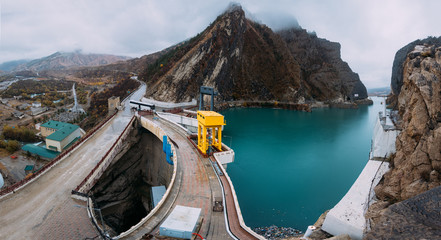 Aerial panorama of dam of hydroelectric power plant in Dagestan, Russia