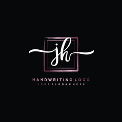 JH Initial handwriting logo design with brush box lines dark pink color gradation. handwritten logo for fashion, team, wedding, luxury logo.