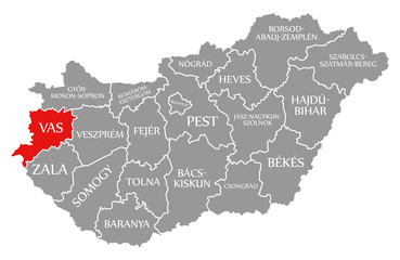 Fototapeta na wymiar Vas red highlighted in map of Hungary