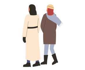 Female friends faceless characters wearing warm outfit. Walking girlfriends in winter clothes from back. Outdoor walk in winter season. Concept of friendship. flat vector illustration