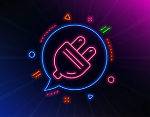 Fototapeta na wymiar Electric plug line icon. Neon laser lights. Energy sign. Electricity power symbol. Glow laser speech bubble. Neon lights chat bubble. Banner badge with electric plug icon. Vector