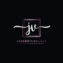 JV Initial handwriting logo design with brush box lines dark pink color gradation. handwritten logo for fashion, team, wedding, luxury logo.