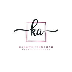 KA Initial handwriting logo design with brush box lines dark pink color gradation. handwritten logo for fashion, team, wedding, luxury logo.