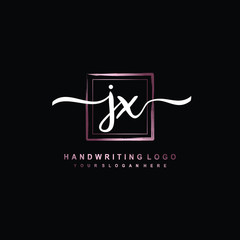 JX Initial handwriting logo design with brush box lines dark pink color gradation. handwritten logo for fashion, team, wedding, luxury logo.