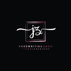 JZ Initial handwriting logo design with brush box lines dark pink color gradation. handwritten logo for fashion, team, wedding, luxury logo.