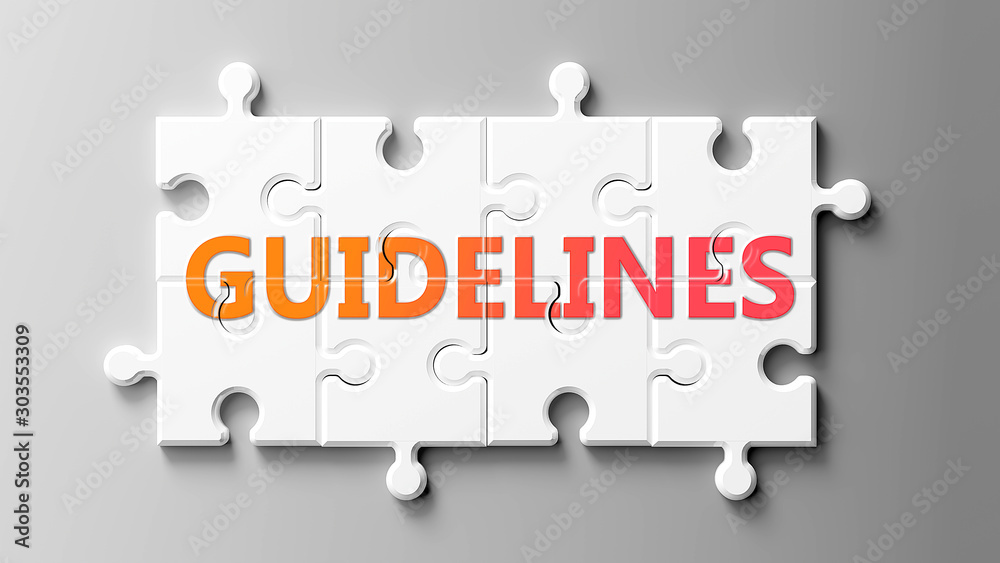 Aufkleber Guidelines complex like a puzzle - pictured as word Guidelines on a puzzle pieces to show that Guidelines can be difficult and needs cooperating pieces that fit together, 3d illustration