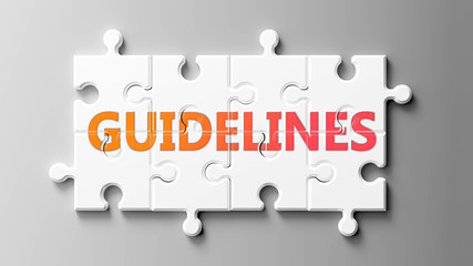 Guidelines complex like a puzzle - pictured as word Guidelines on a puzzle pieces to show that Guidelines can be difficult and needs cooperating pieces that fit together, 3d illustration - obrazy, fototapety, plakaty
