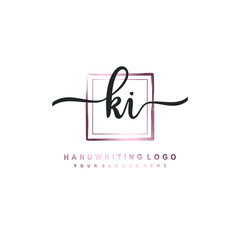 KI Initial handwriting logo design with brush box lines dark pink color gradation. handwritten logo for fashion, team, wedding, luxury logo.