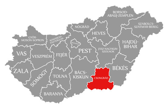 Csongrad red highlighted in map of Hungary