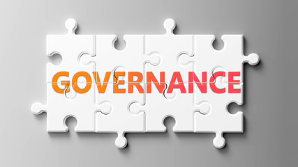 Governance complex like a puzzle - pictured as word Governance on a puzzle pieces to show that Governance can be difficult and needs cooperating pieces that fit together, 3d illustration