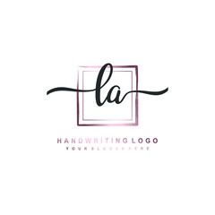 LA Initial handwriting logo design with brush box lines dark pink color gradation. handwritten logo for fashion, team, wedding, luxury logo.