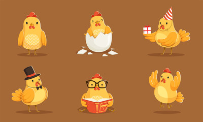 Set Of Animated Baby Chickens In Different Poses Vector Illustration Cartoon Character