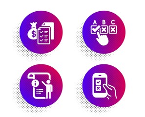 Accounting wealth, Manual doc and Correct checkbox icons simple set. Halftone dots button. Mobile survey sign. Audit report, Project info, Answer. Phone quiz test. Education set. Vector