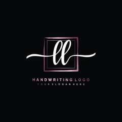 LL Initial handwriting logo design with brush box lines dark pink color gradation. handwritten logo for fashion, team, wedding, luxury logo.