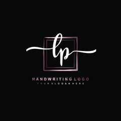 LP Initial handwriting logo design with brush box lines dark pink color gradation. handwritten logo for fashion, team, wedding, luxury logo.